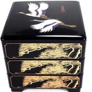 *SOLD* Japanese Three Tier Jubako Bento Box, Black & Gold with Crane & Tree